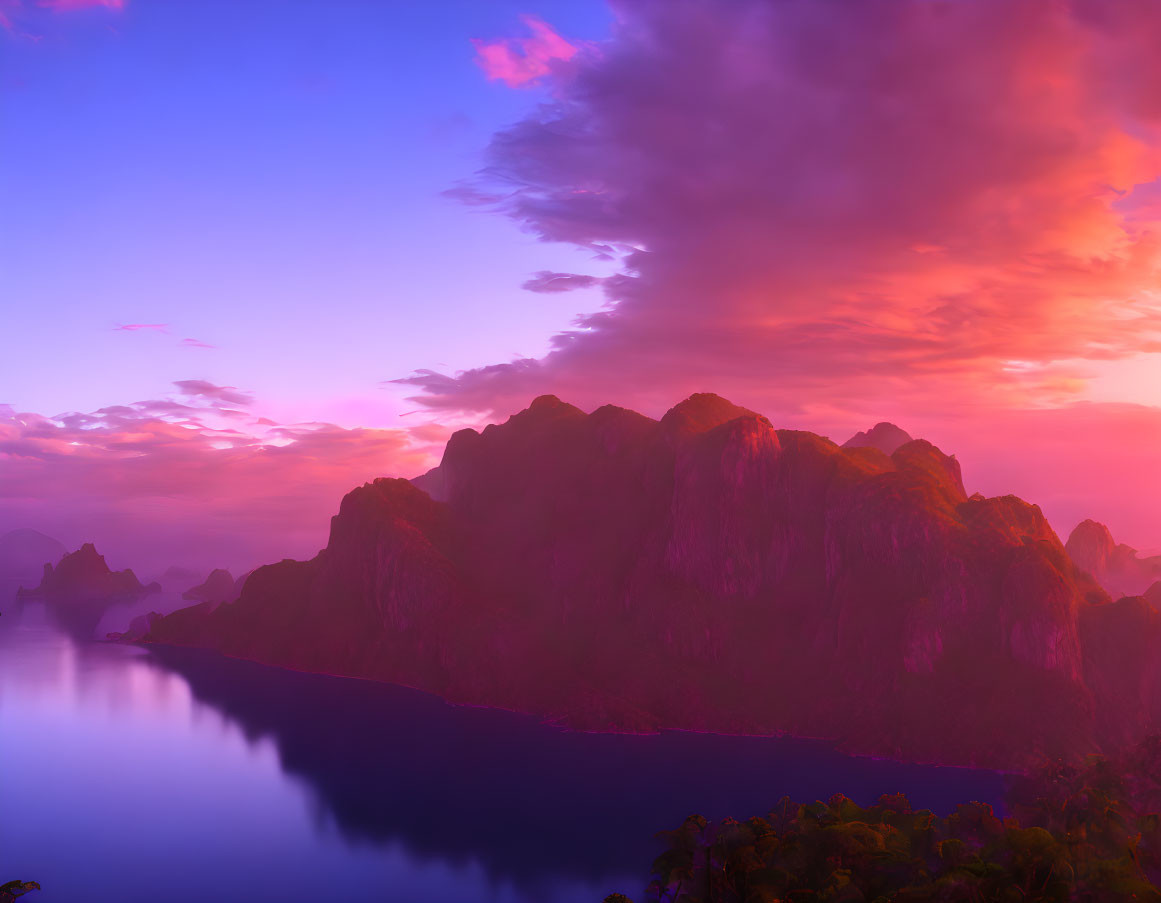 Twilight landscape with vibrant skies and mountain silhouettes