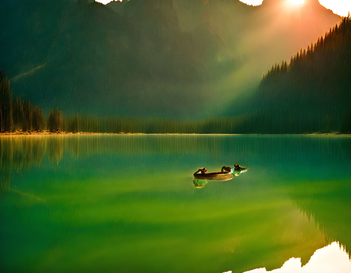 Canoeing on serene lake at sunset with sunbeams through mountains