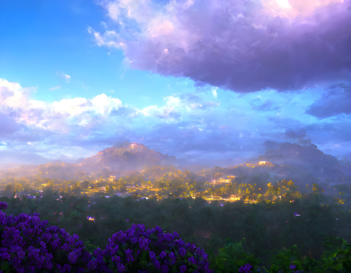 Dusk landscape with purple blooms, village lights, misty mountains, vibrant sky