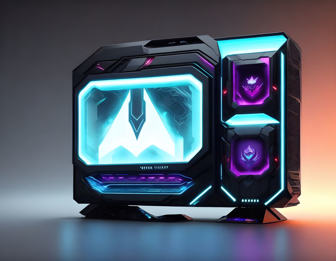 Neon LED-lit gaming PC with transparent panel on gradient backdrop