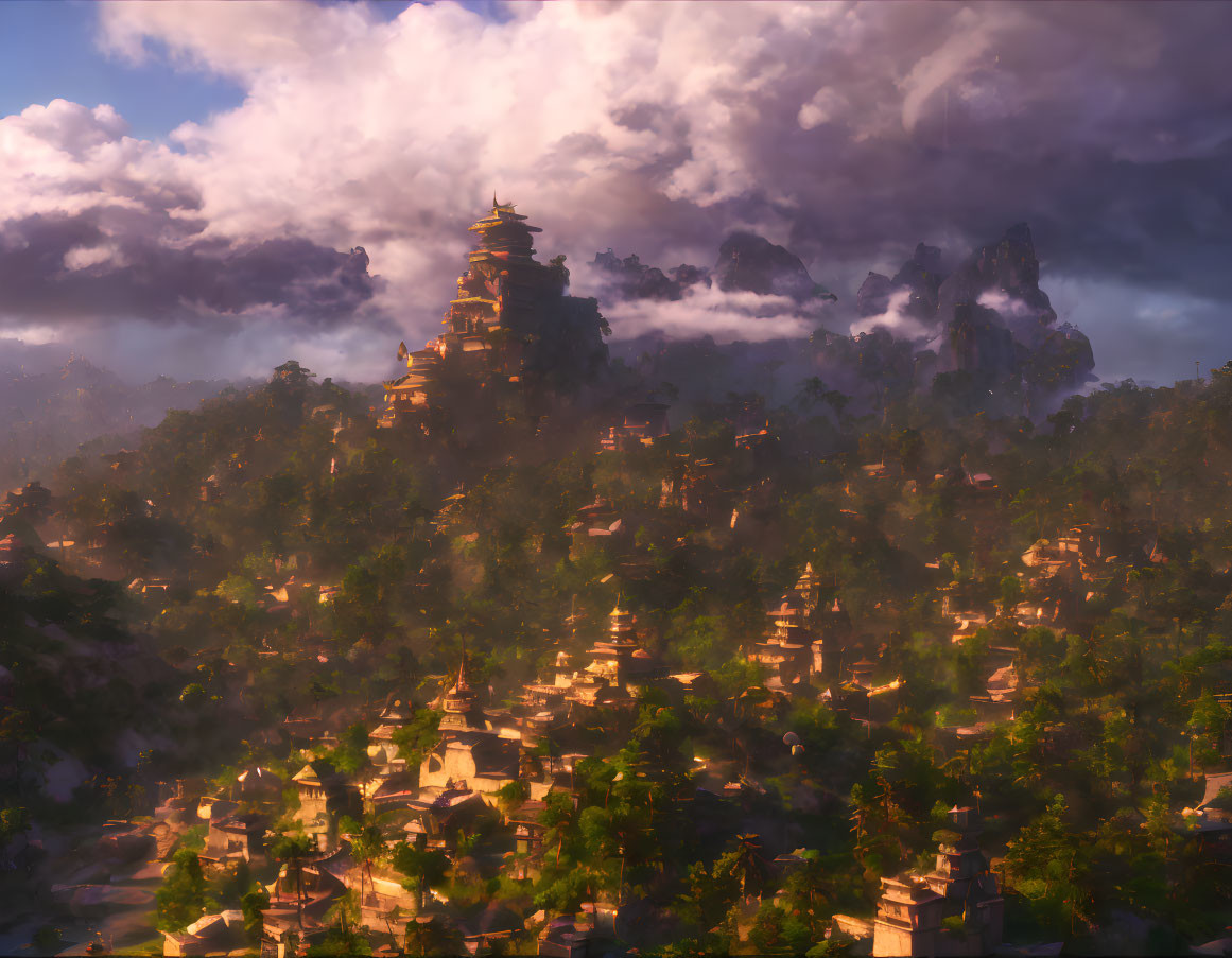 Ancient city with tiered pagodas in misty mountains