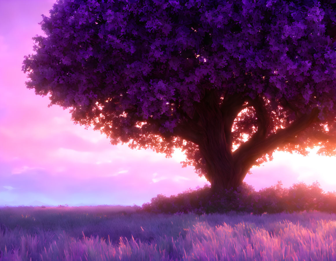 Majestic tree with lush purple and pink canopy in serene meadow at sunset