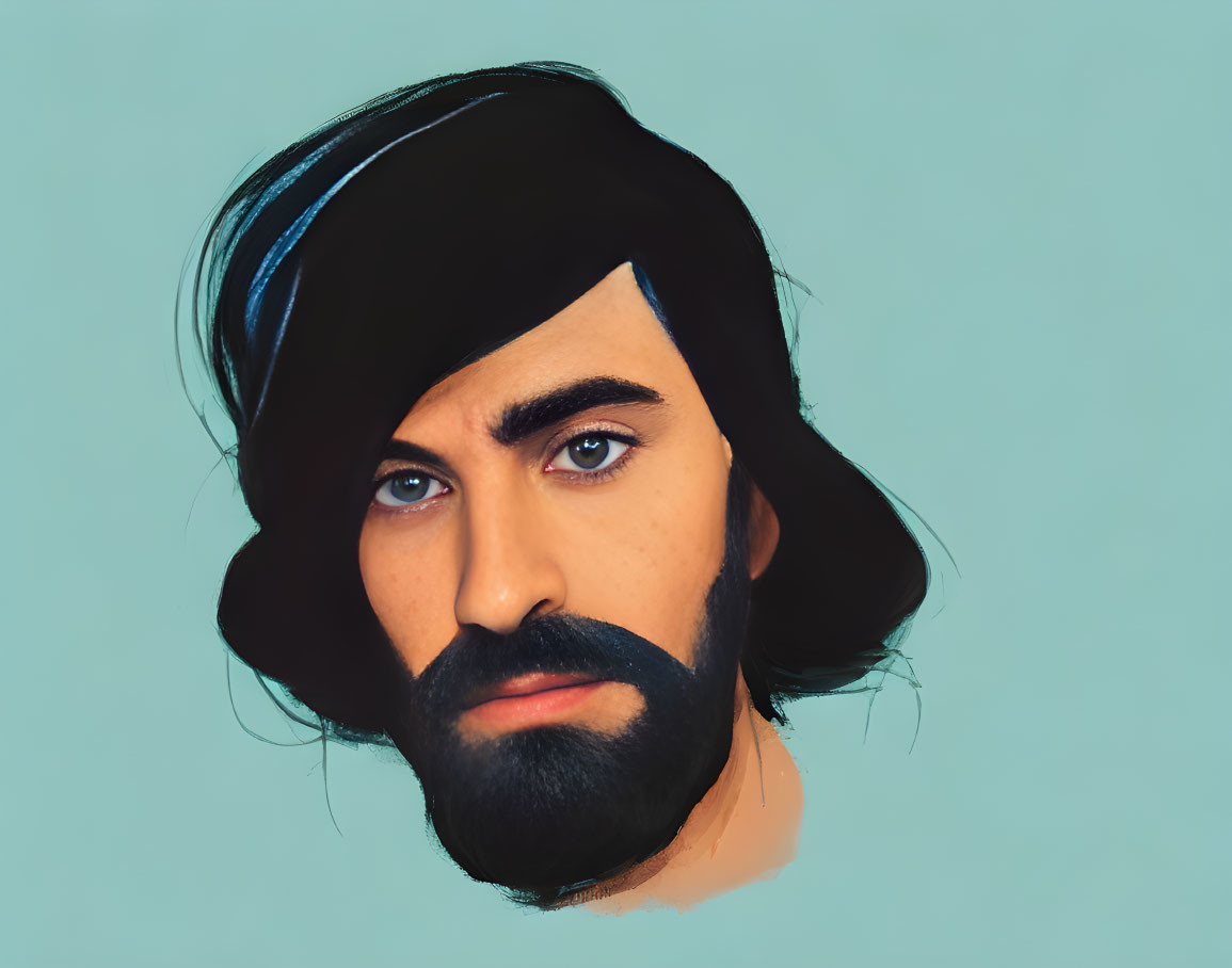 Man with Dark Hair and Beard in Intense Gaze on Blue Background