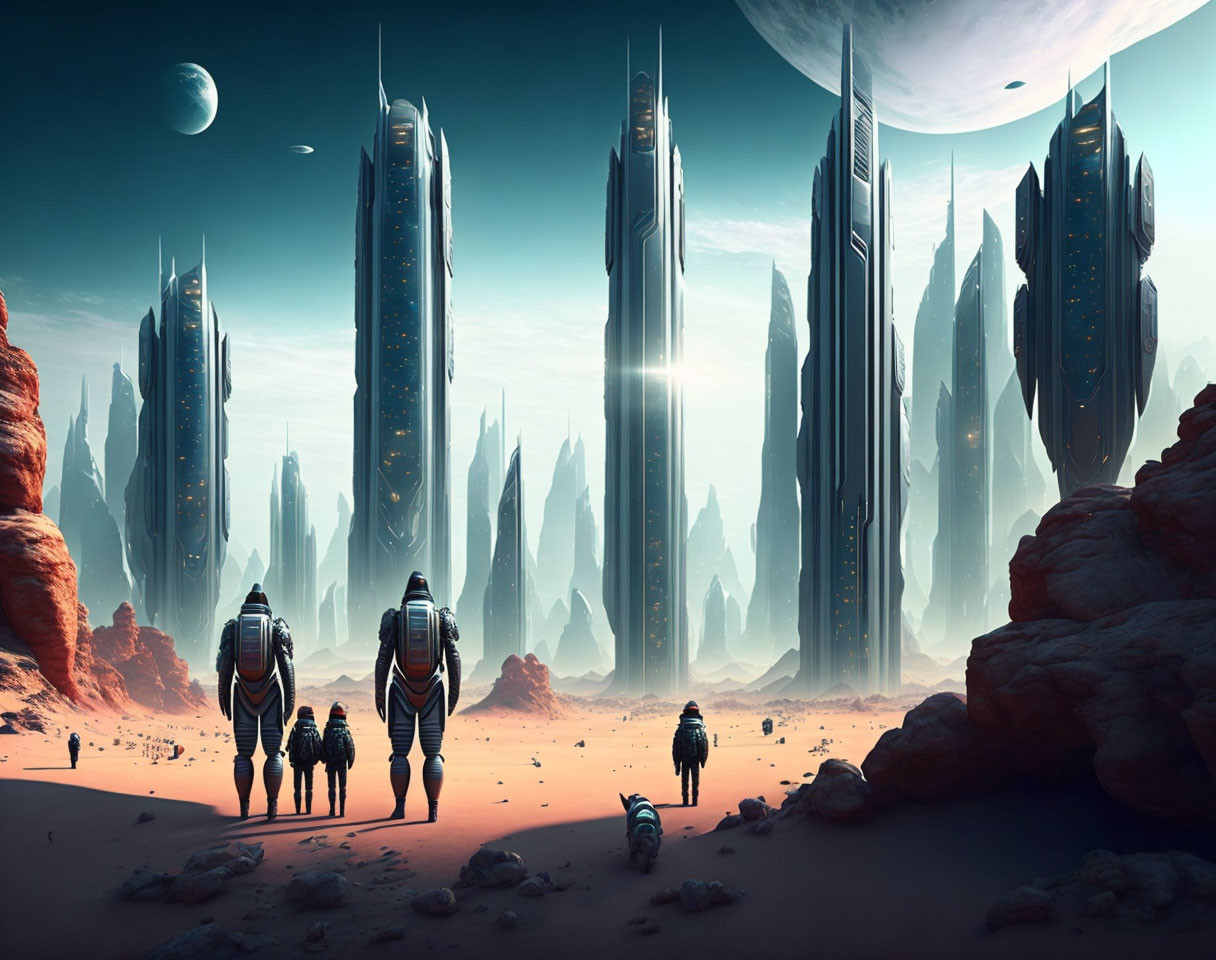 Astronauts and robot explore futuristic Martian cityscape.