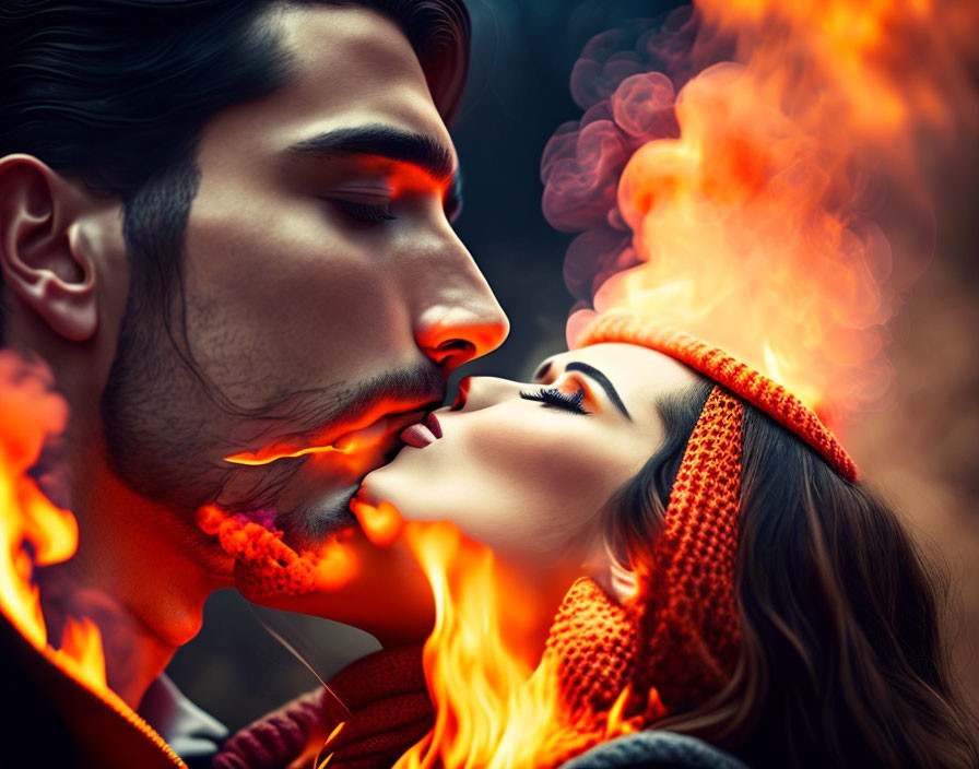 Romantic man and woman close in fiery embrace