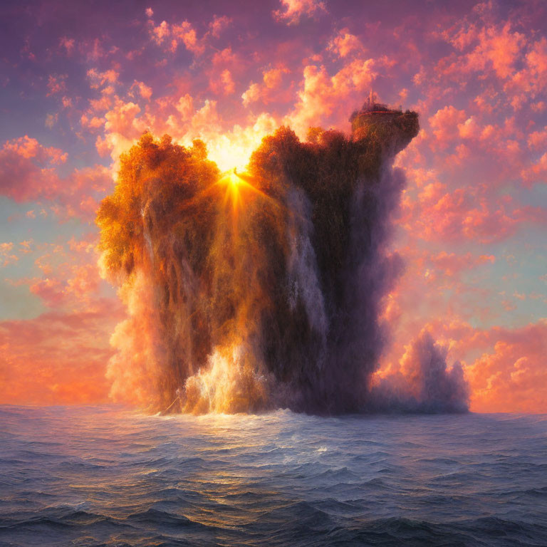 Island-like structure emerging from sea with sunburst and pink clouds.