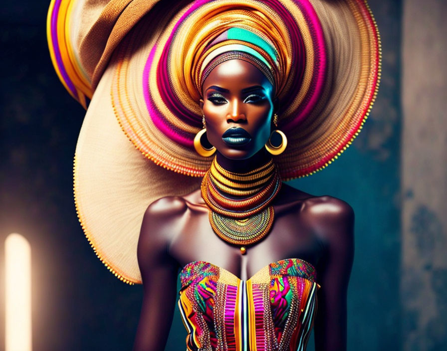 Colorful headwrap and bold makeup on woman against warm background