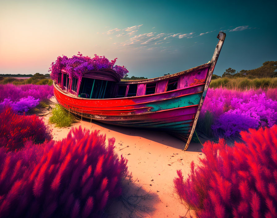 Abandoned colorful boat in vibrant purple flora under surreal pink sky