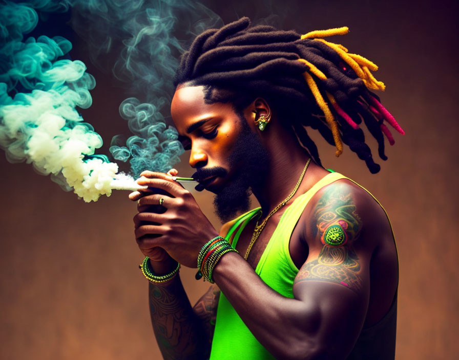 Man with dreadlocks smoking cigarette against brown background, displaying tattoos, green sleeveless shirt.