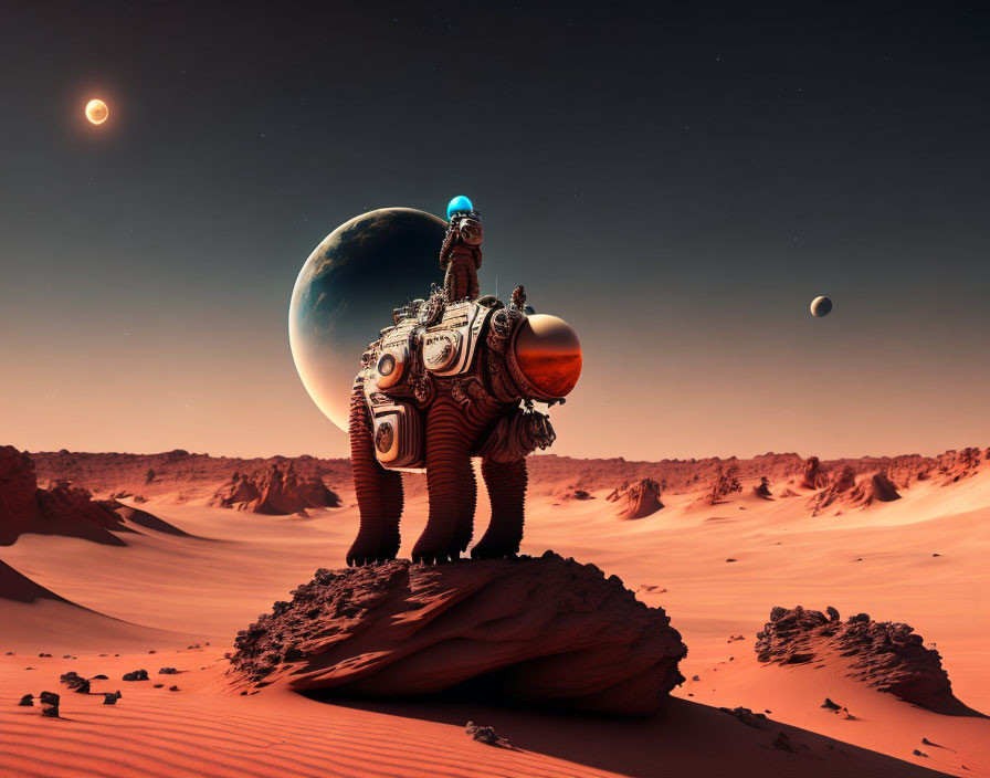 Astronaut on mechanical elephant in alien desert with two moons