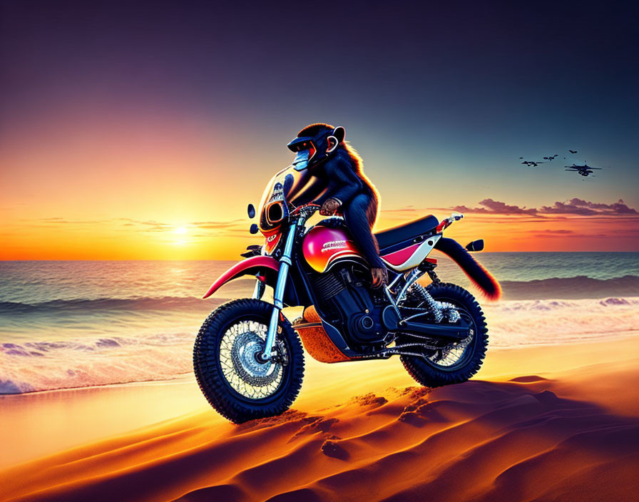 Gorilla in helmet and sunglasses riding motorcycle on beach at sunset