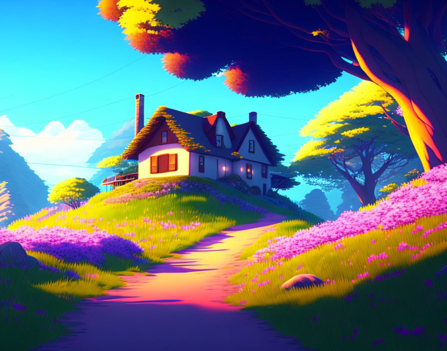 Cozy cottage on flower-covered hill at twilight