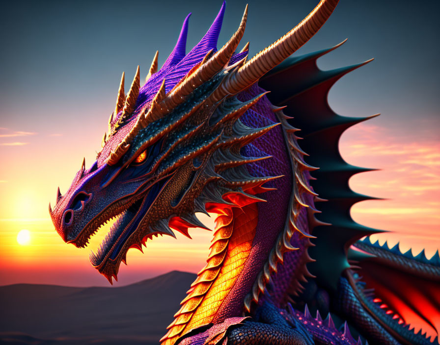 Iridescent dragon with horns in sunset sky