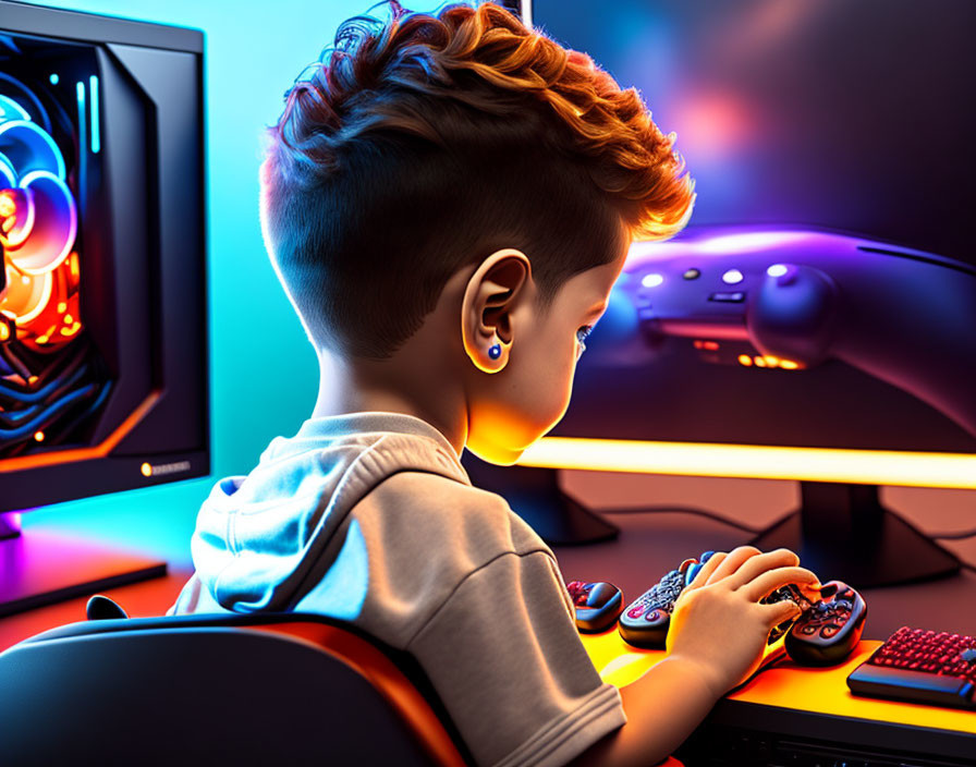 Child Gamer in Neon-Lit Room with Gaming Setup