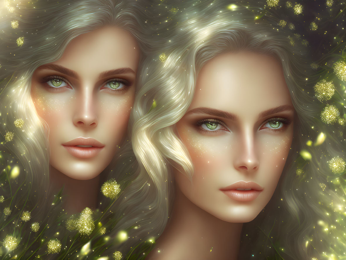 Identical pale women with green eyes in ethereal setting