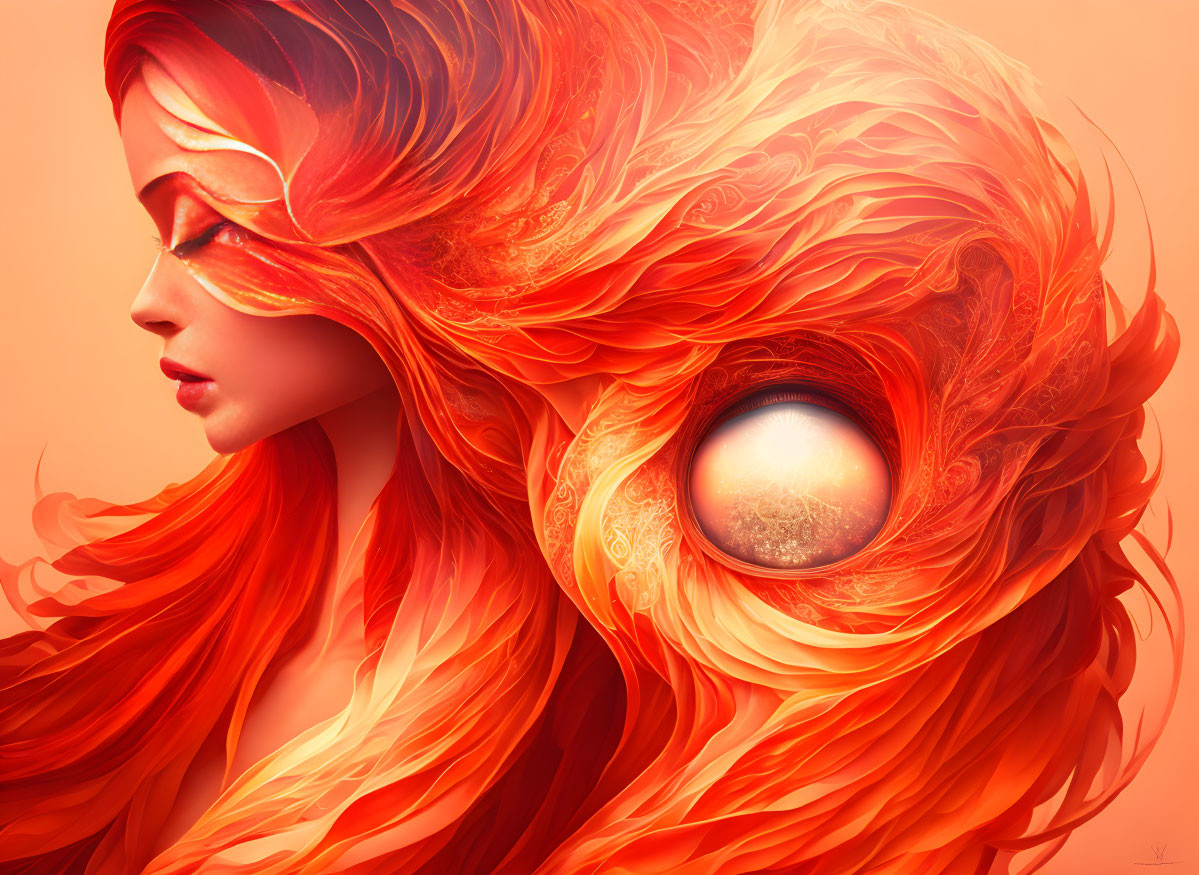 Fantastical image of woman merging into fiery phoenix with detailed eye.