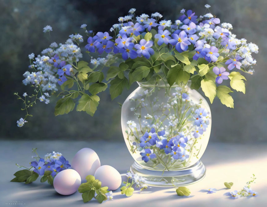 Tranquil still life with blue flowers, green foliage, and pastel eggs