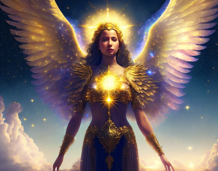 Golden-armored celestial being with glowing wings in twilight sky