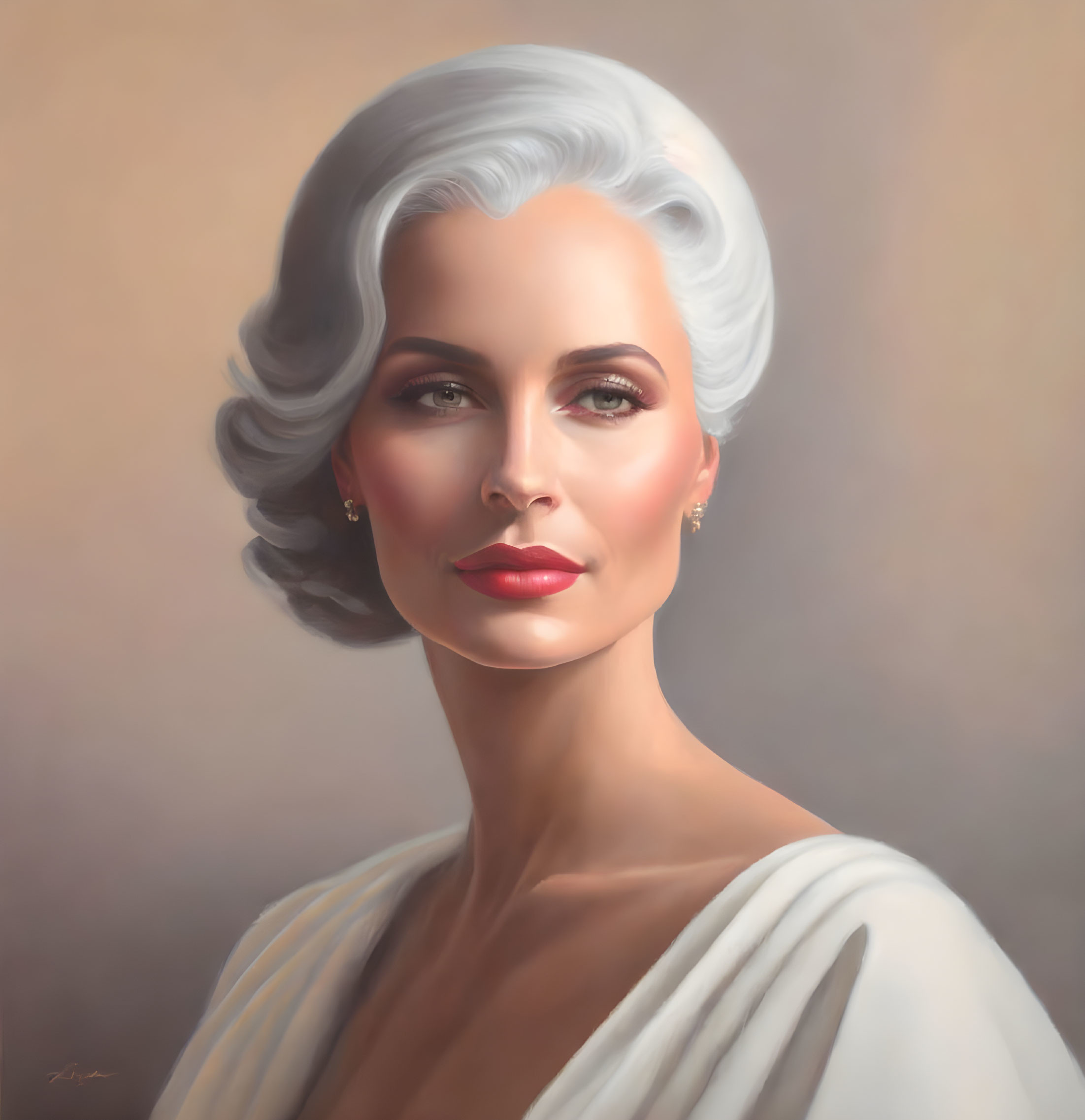 Serene portrait of a woman with silvery hair and subtle makeup