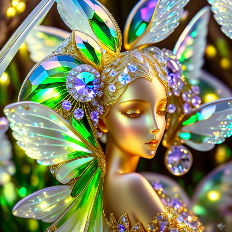 Fantasy creature with iridescent wings and ornate jewels in vivid colors