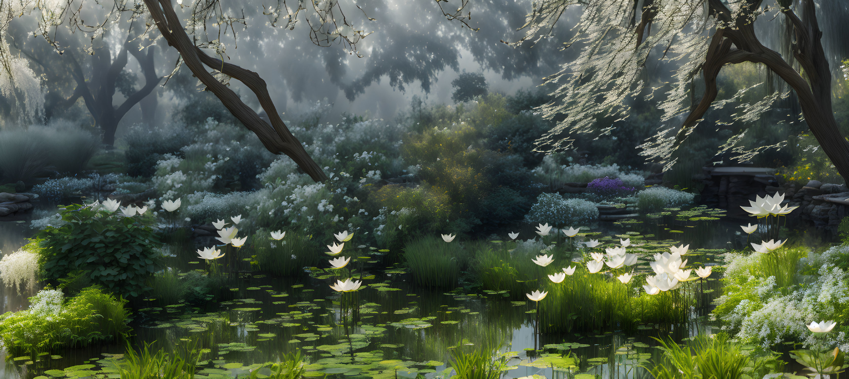 Tranquil pond with white water lilies and lush greenery