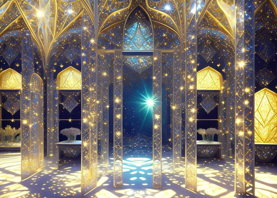 Fantasy corridor digital artwork with starry night sky motifs