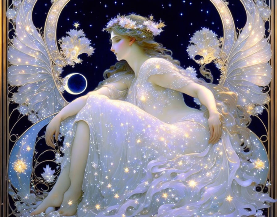 Fantasy illustration of woman with luminescent wings in crescent moon.