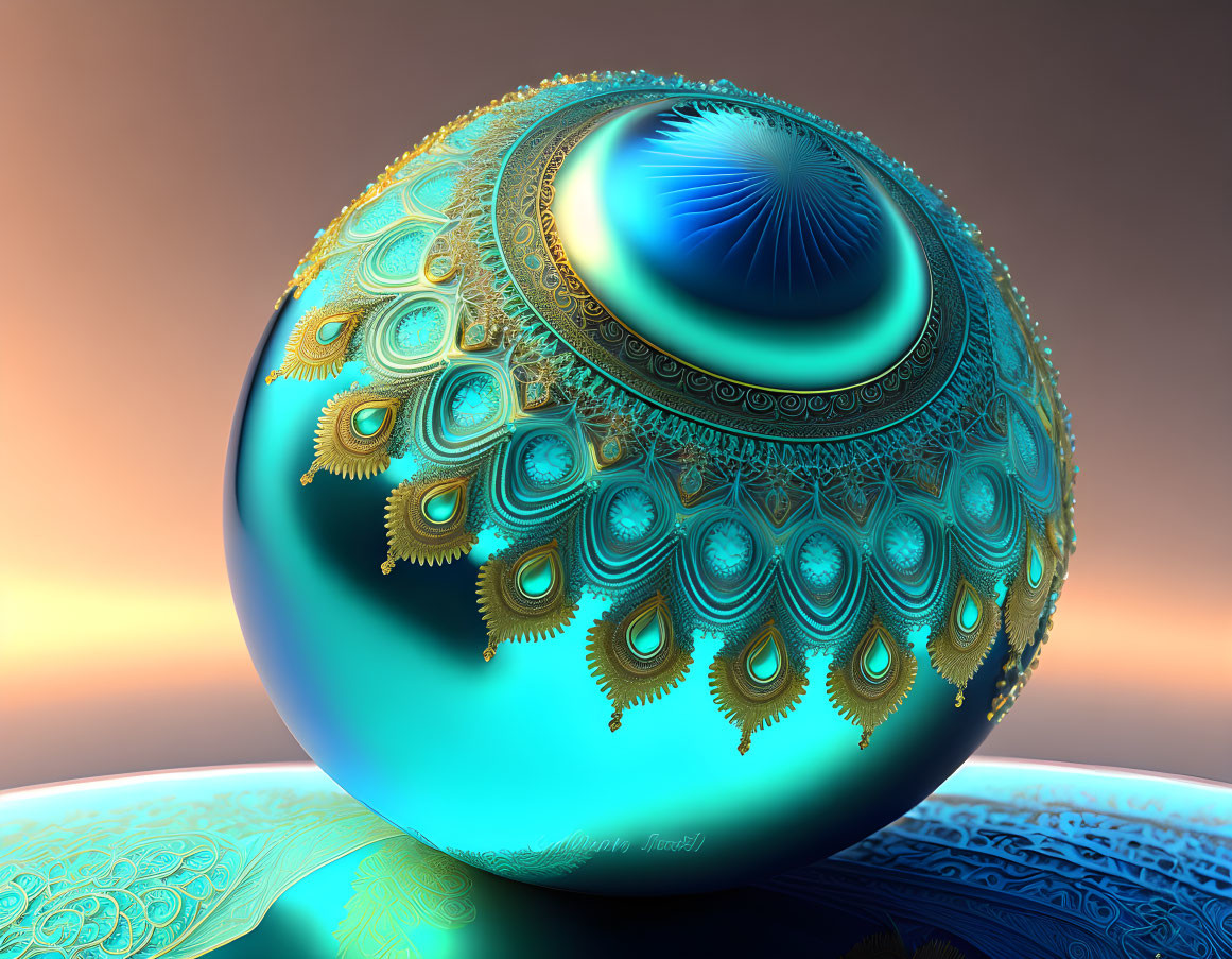 Detailed Fractal Sphere with Blue and Gold Patterns on Orange Background