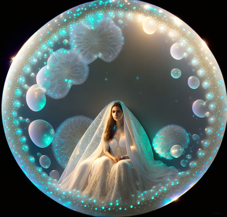 Bride in translucent sphere with glowing orbs and intricate patterns