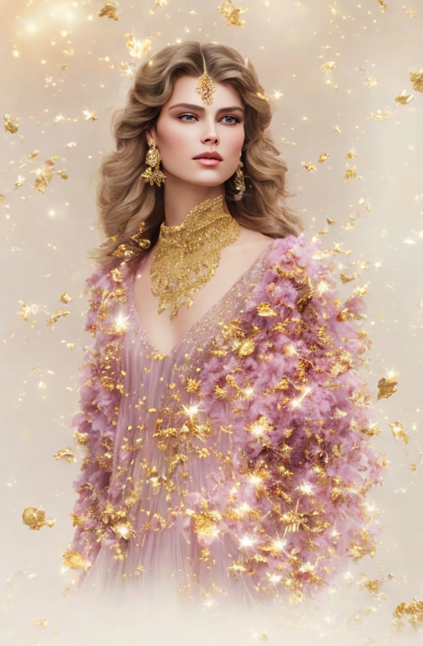 Luxurious Gold Jewelry and Lavender Dress on Woman against Golden Backdrop