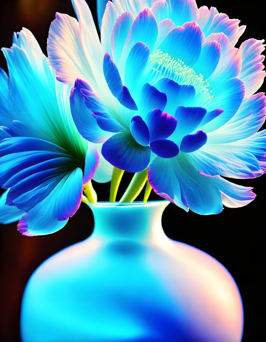 Colorful blue flower in blue vase on dark background