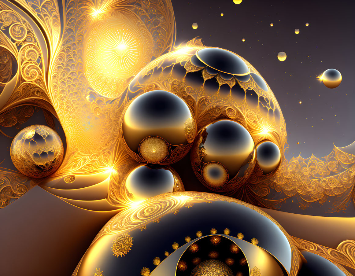 Intricate Golden Fractal Patterns on Dark Background