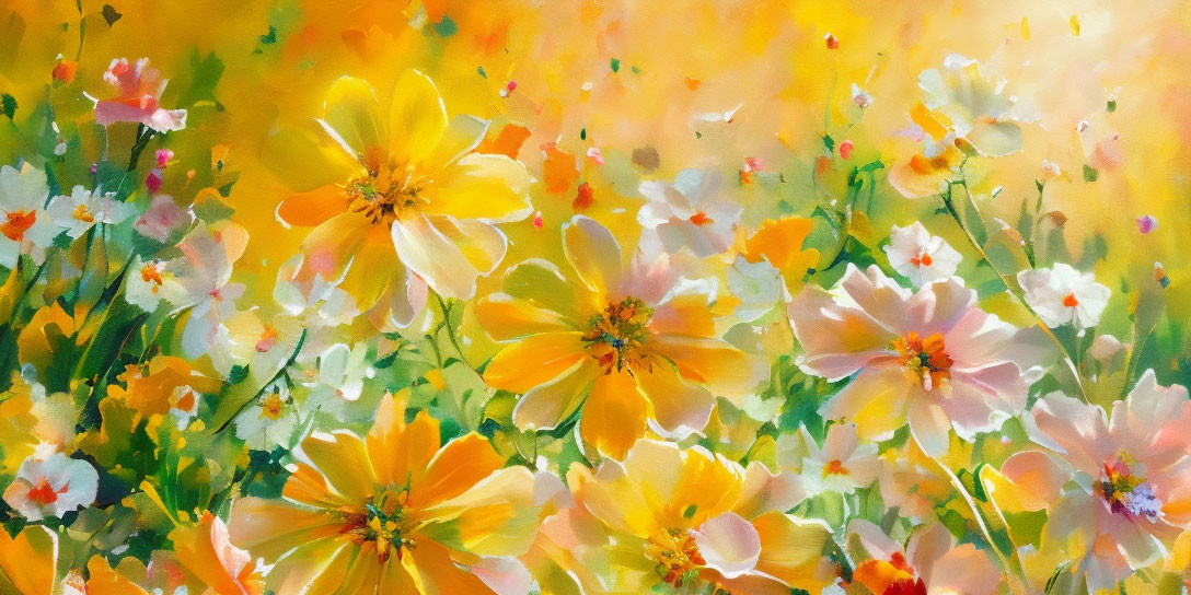 Colorful Flower Field Painting with Yellow Tones and White Blossoms