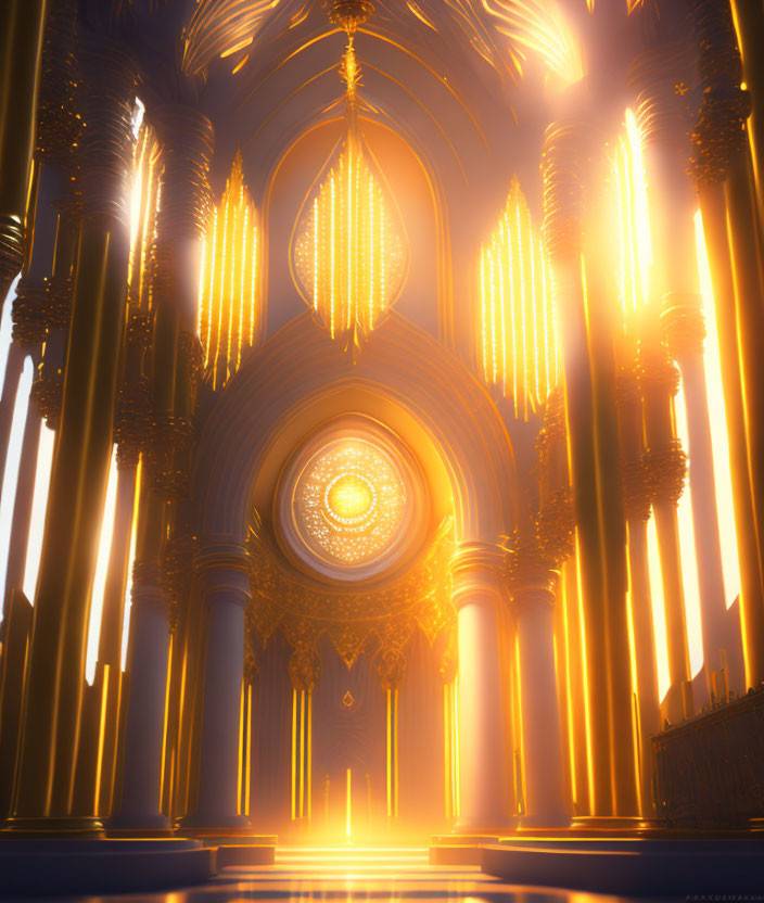 Golden Gothic Cathedral Interior with Towering Columns and Arched Ceiling