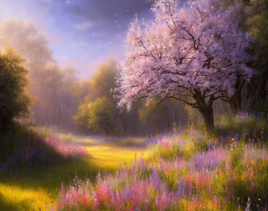 Pink cherry tree blossoms in misty meadow with warm light