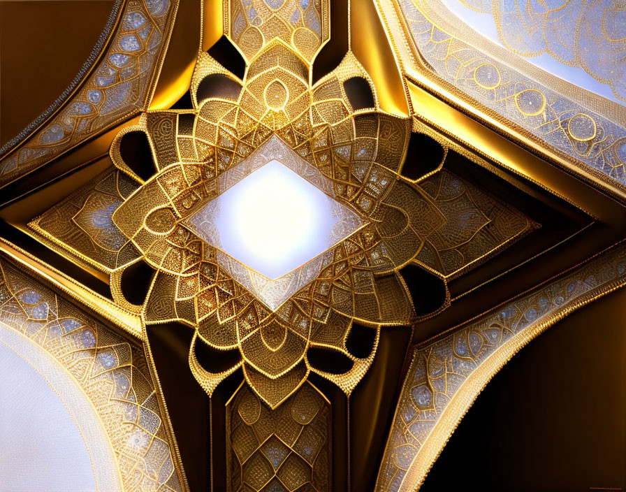 Symmetrical golden fractal with glowing white center on dark background