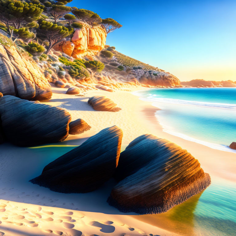 Tranquil Beach Scene with Blue Water and Golden Sand