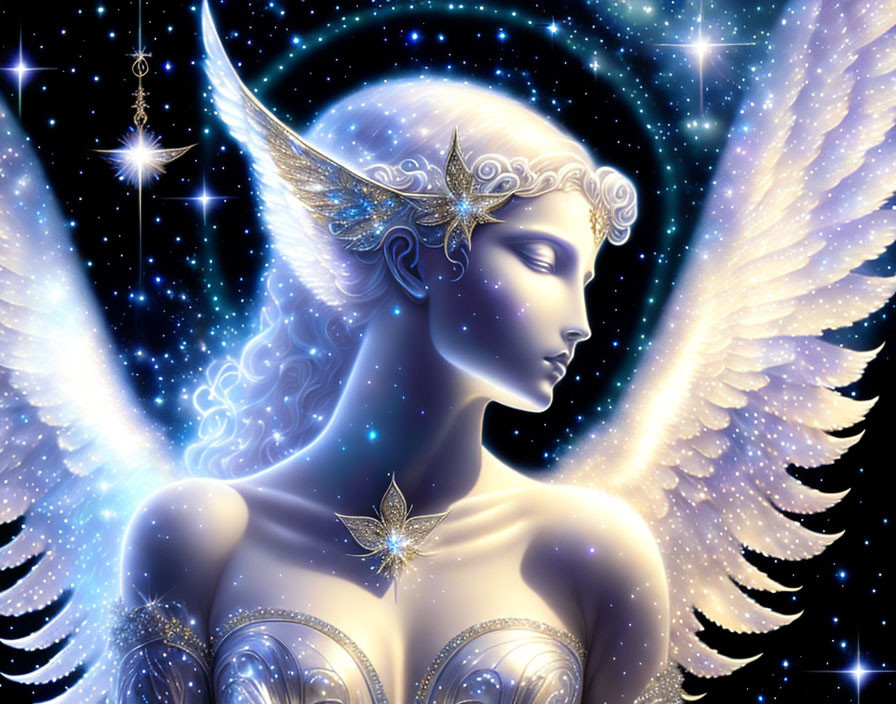 Celestial being with luminous wings and stars in cosmic backdrop