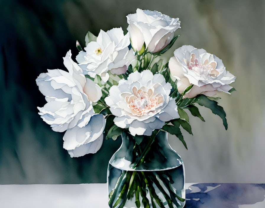 White and Pink Roses Bouquet in Clear Vase on Watercolor Background