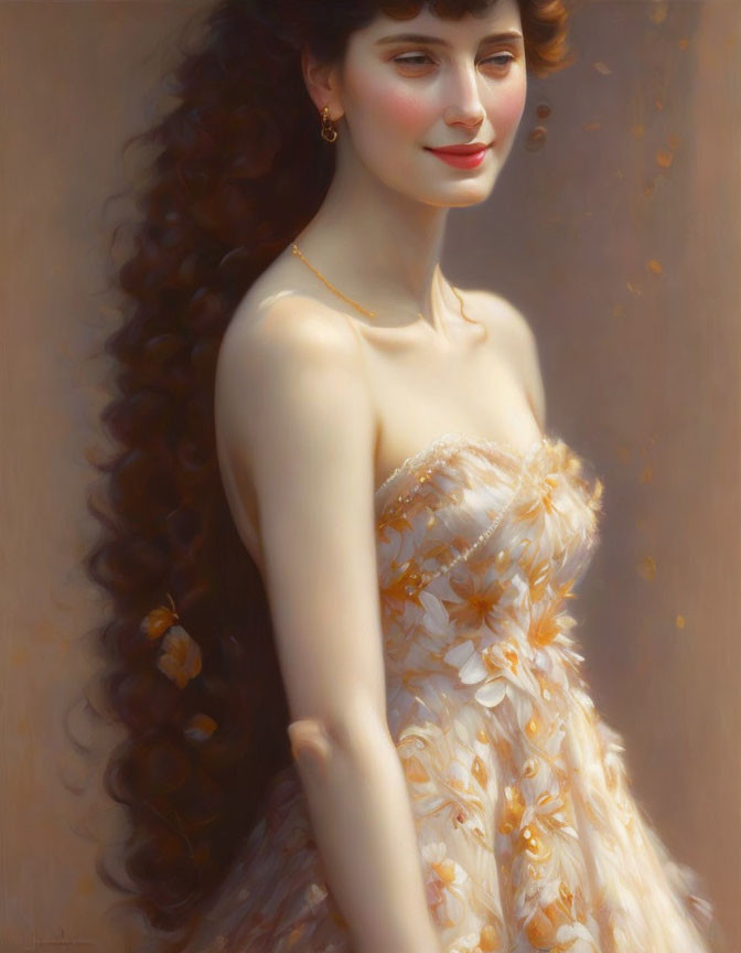 Smiling woman with long brown hair in strapless dress with golden flowers