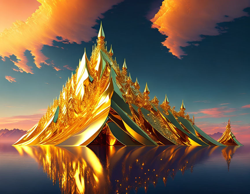 Golden Mountain Range Reflection in Water at Sunset Sky