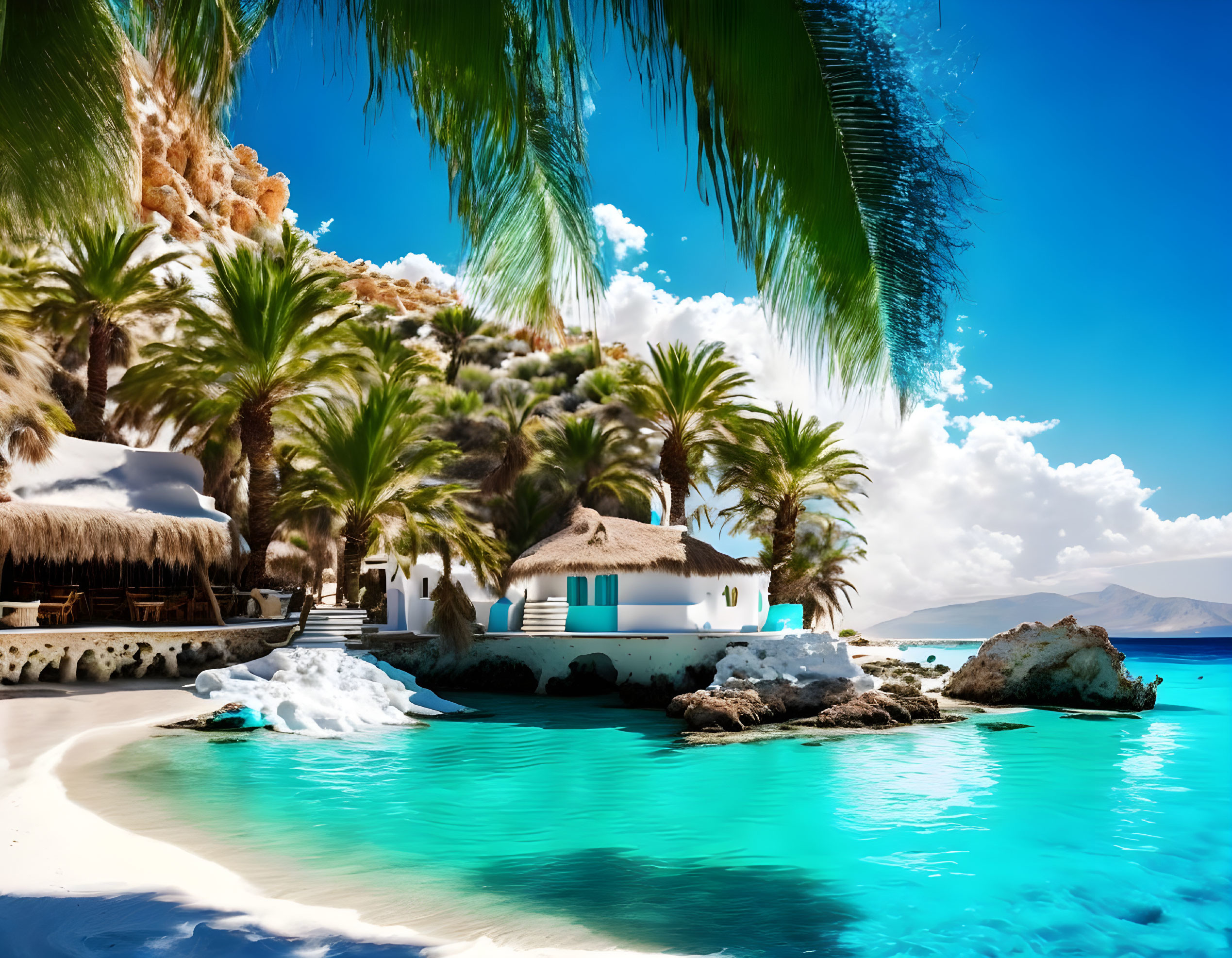 Tropical Beach Scene with Thatched Huts and Palm Trees