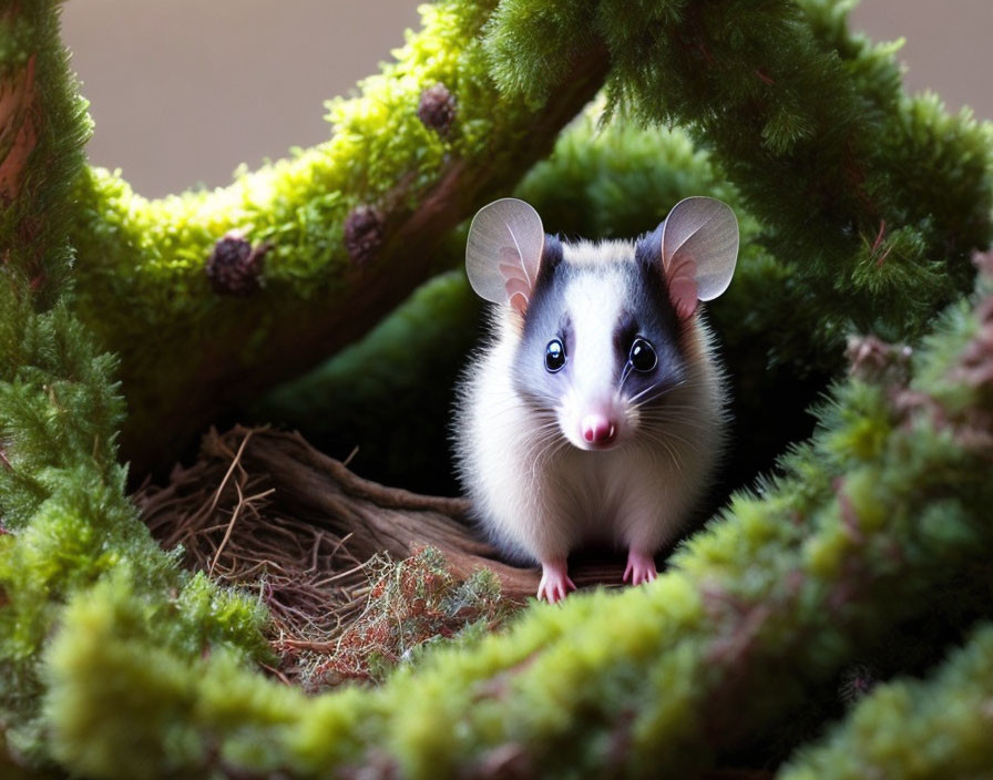 Curious possum in moss-covered log with round eyes