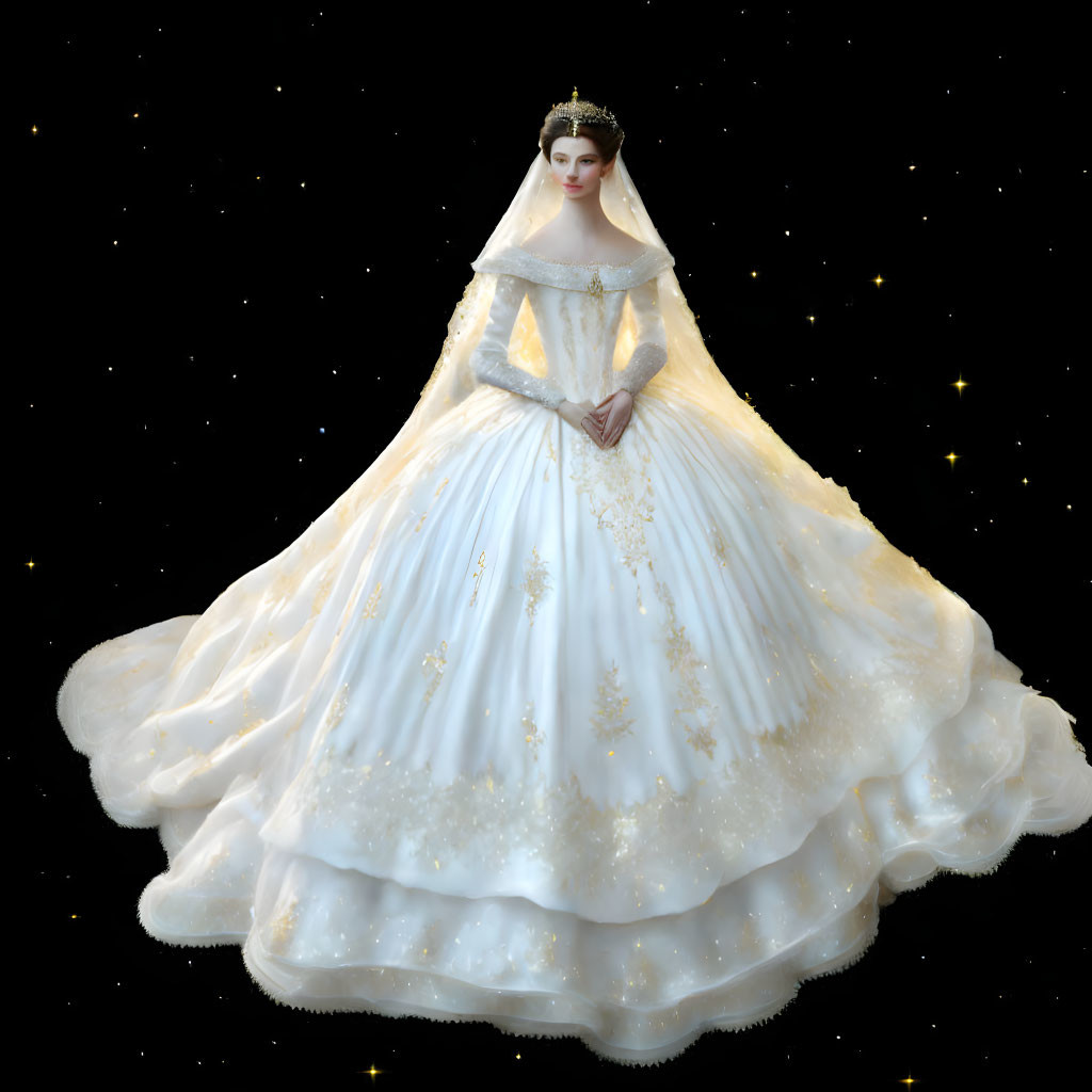 Elaborate white wedding dress with gold embellishments on starry black background