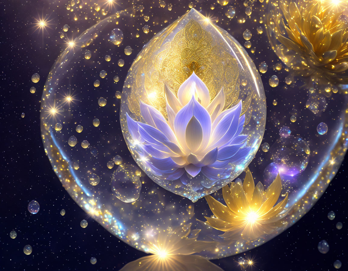 Glowing blue lotus in translucent bubble on starry night background