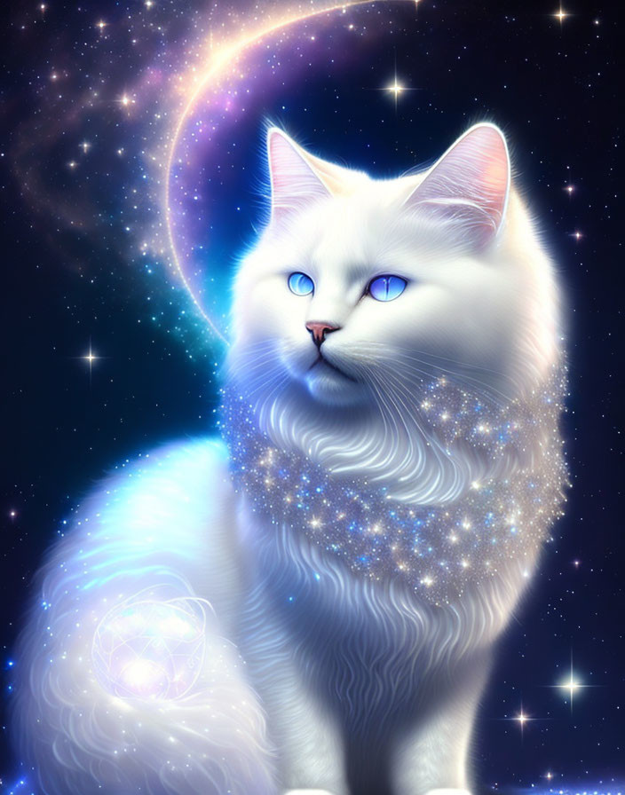 White Cat with Blue Eyes on Cosmic Background: Stars and Crescent Moon