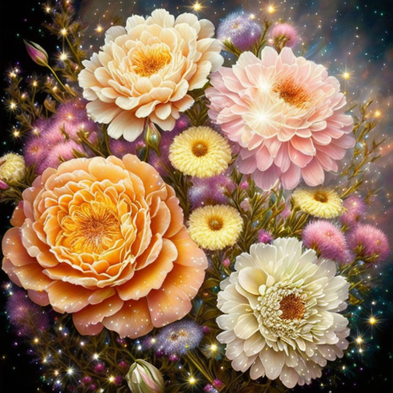 Colorful Peach, Pink, and White Flowers on Cosmic Background