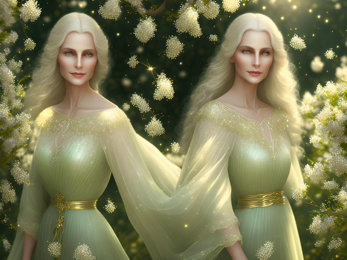 Ethereal women with long blonde hair in green dresses in magical forest