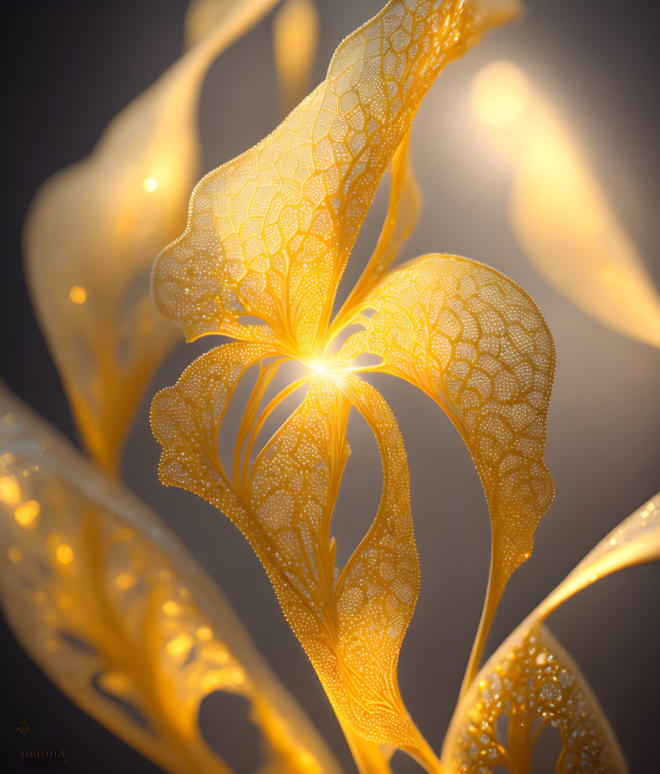 Golden Translucent Fractal Leaf Design with Radiant Glow