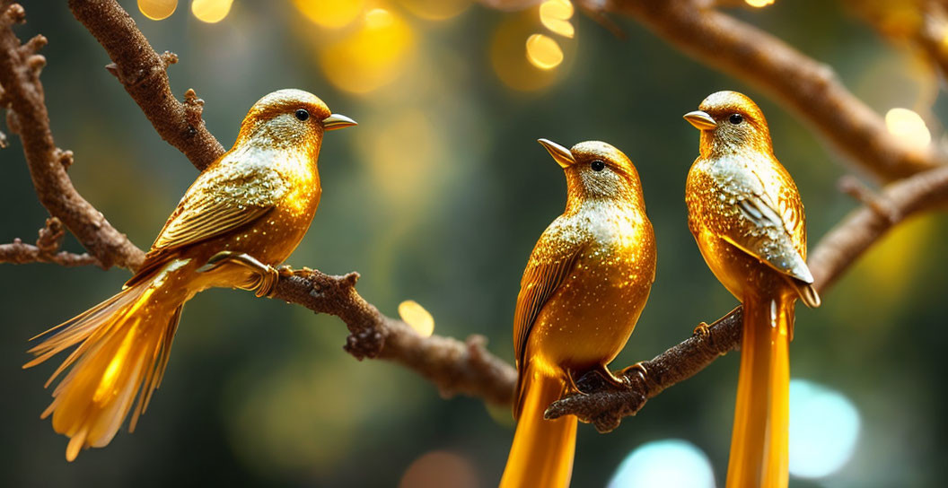 Three Golden Birds Perched on Branch with Sunlight Background